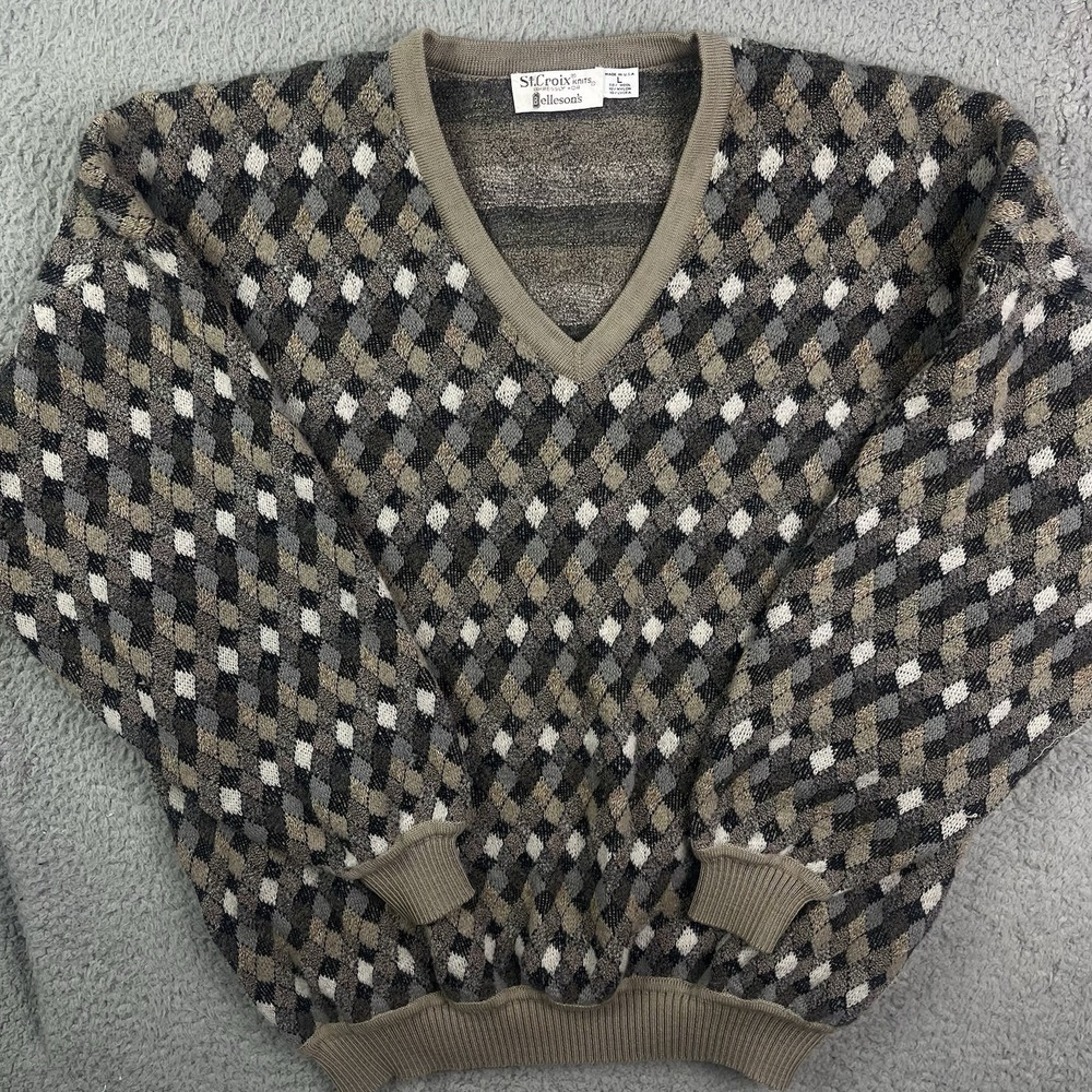 Vintage St. Croix Knits Men's Multicolor Geometric print Sweater Wool‎ V-Neck